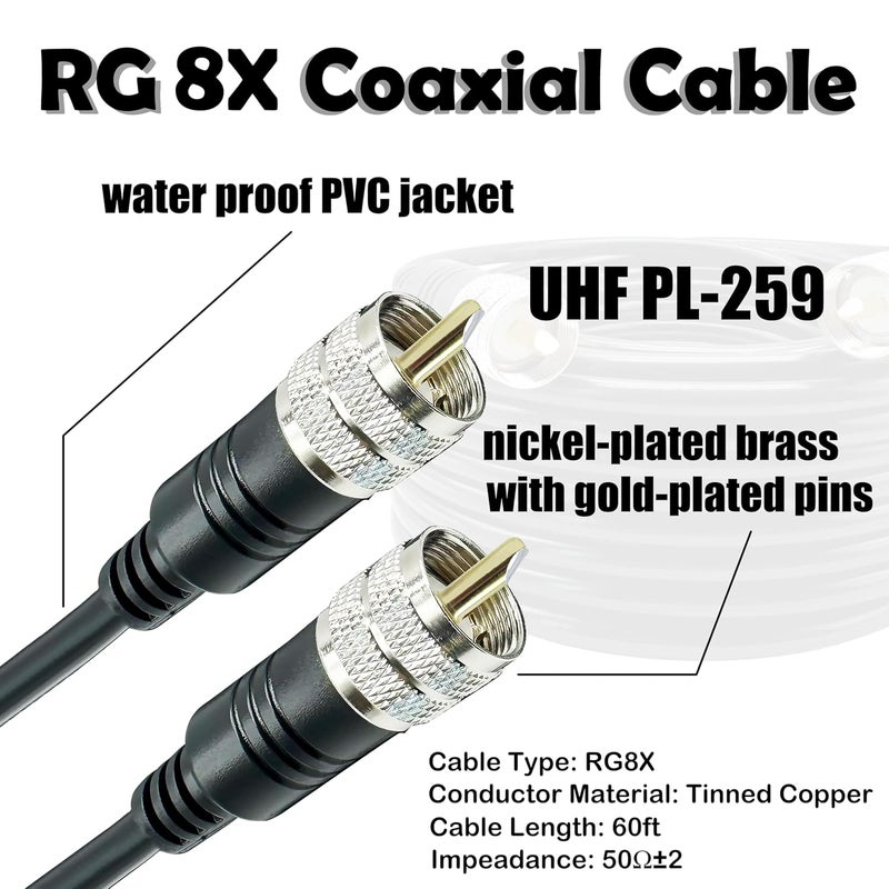 Rydocyee RG8x Coaxial Cable 60 FT, CB Coax Cable 17AWG Low Loss Flexible and Durable UHF PL-259 Male to Male for Ham Radio, Antenna Analyzer, CB Radio, SWR Meter, GMRS and Other 50 Ohm RF Systems - Image 2